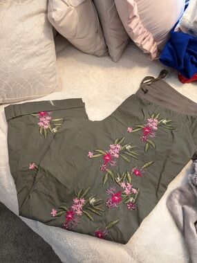 INC International Concepts Olive Green Capris with Pink Floral Embroidery
